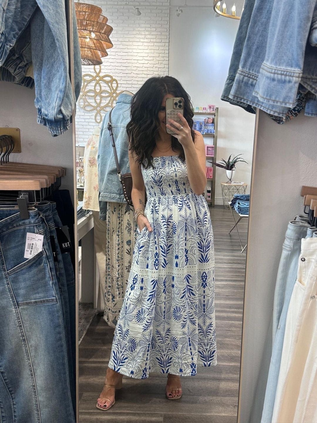 blue and white floral maxi dress