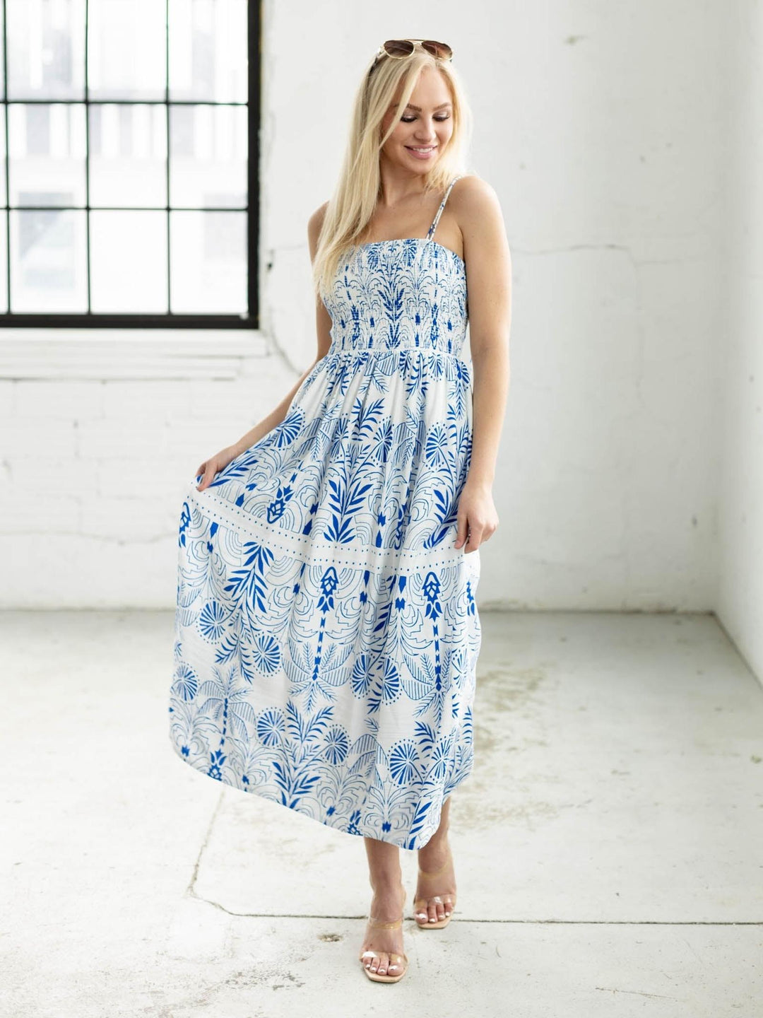 blue and white floral maxi dress