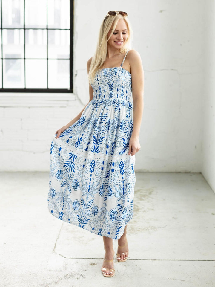 blue and white floral maxi dress