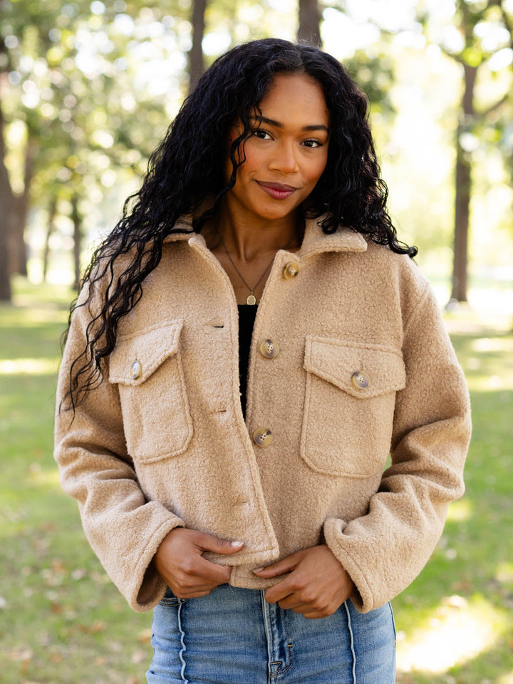 camel teddy textured boxy jacket
