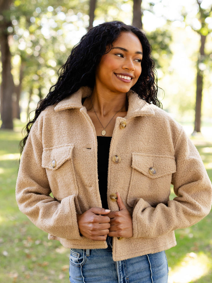 camel teddy textured boxy jacket