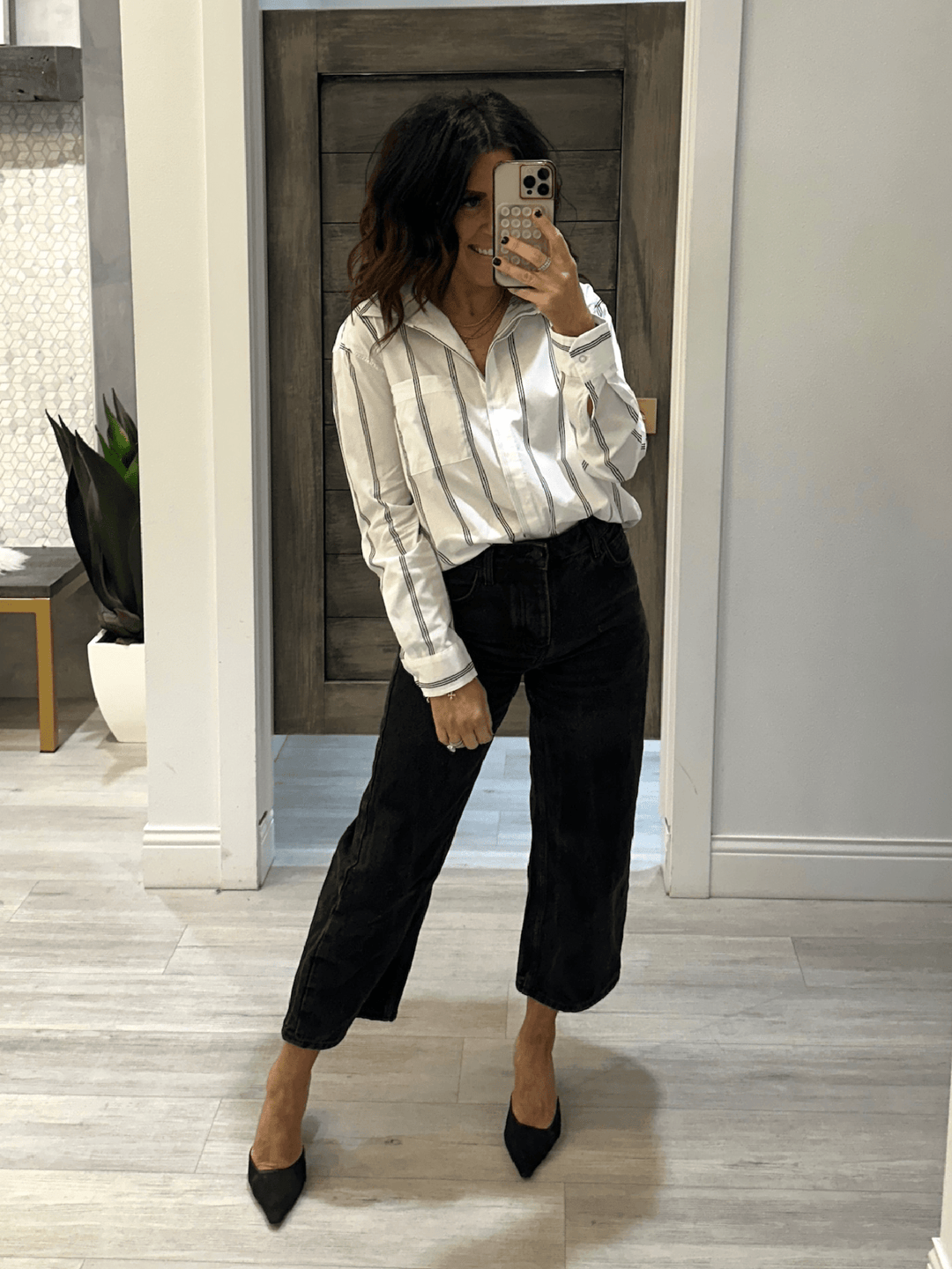black and white pinstripe blouse
