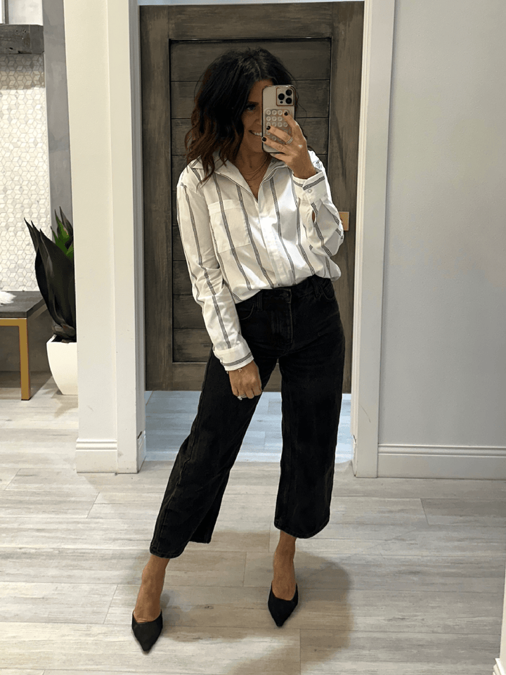 black and white pinstripe blouse