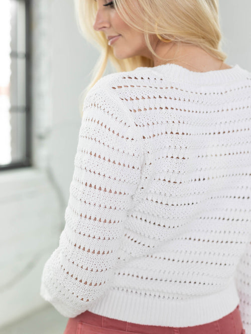 white open knit button down cardigan