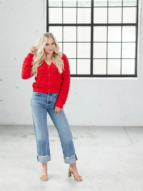 red open knit button down cardigan