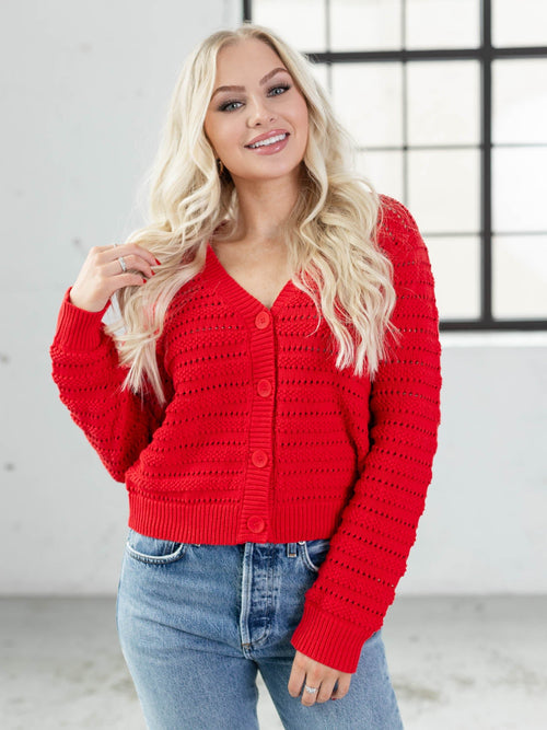 red open knit button down cardigan