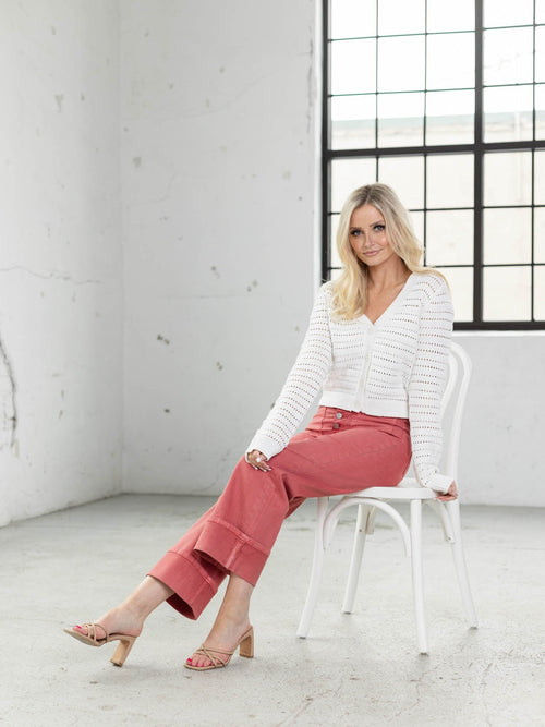 white open knit button down cardigan