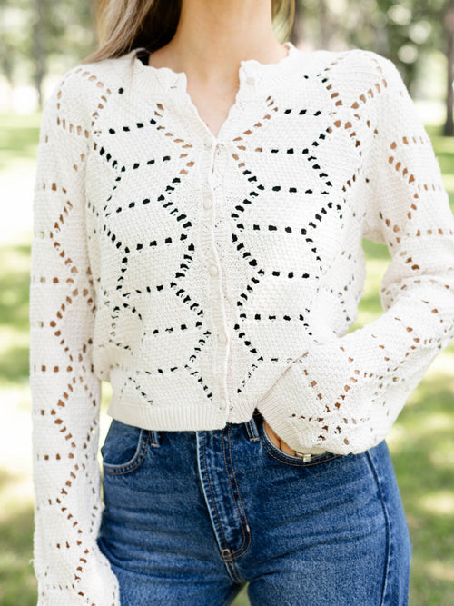 cream colorec rochet knit cardigan