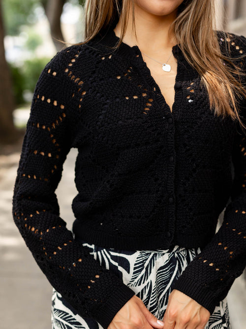 black crochet collarless sweater cardigan