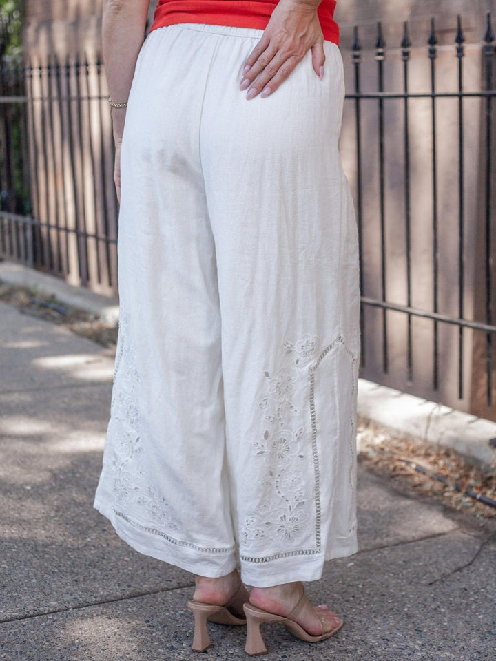 White wide-leg cropped pants with eyelet embroidery near the hems, shown on a model from the back wearing beige heeled sandals on a sidewalk.