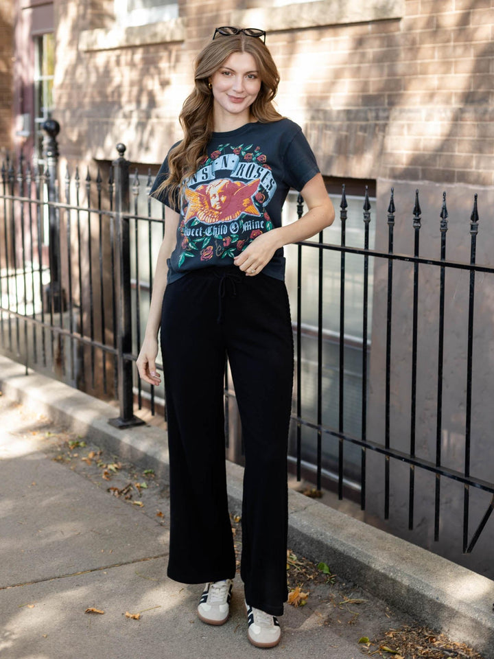black crochet trim sweatpants