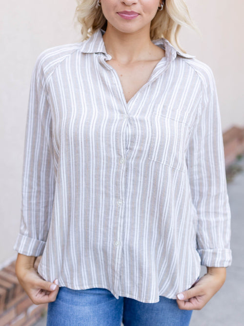 stripe linen blend button down top