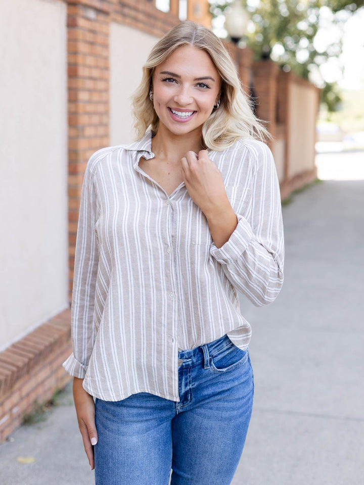 stripe linen blend button down top