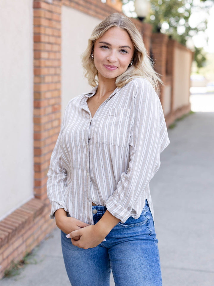 stripe linen blend button down top