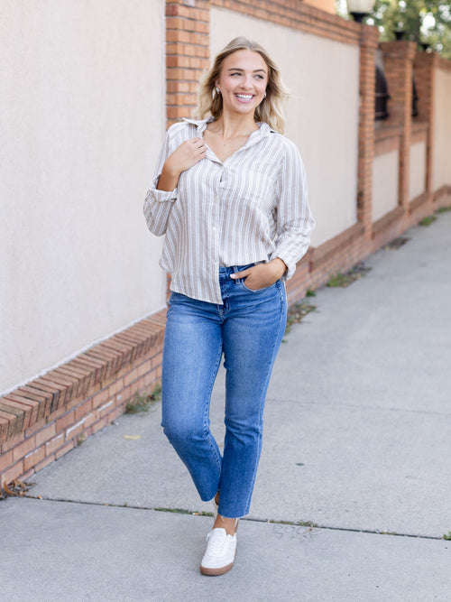 stripe linen blend button down top