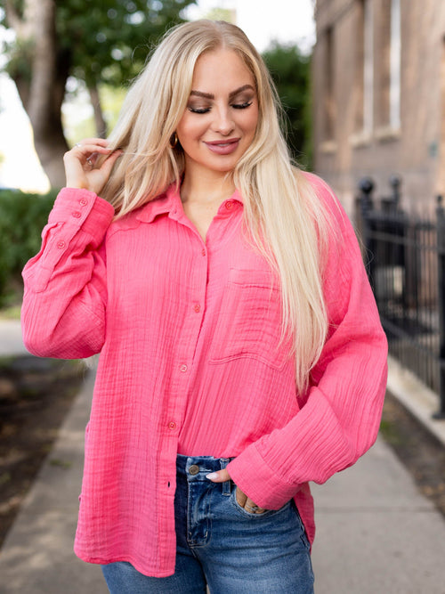 bright pink gauze button up