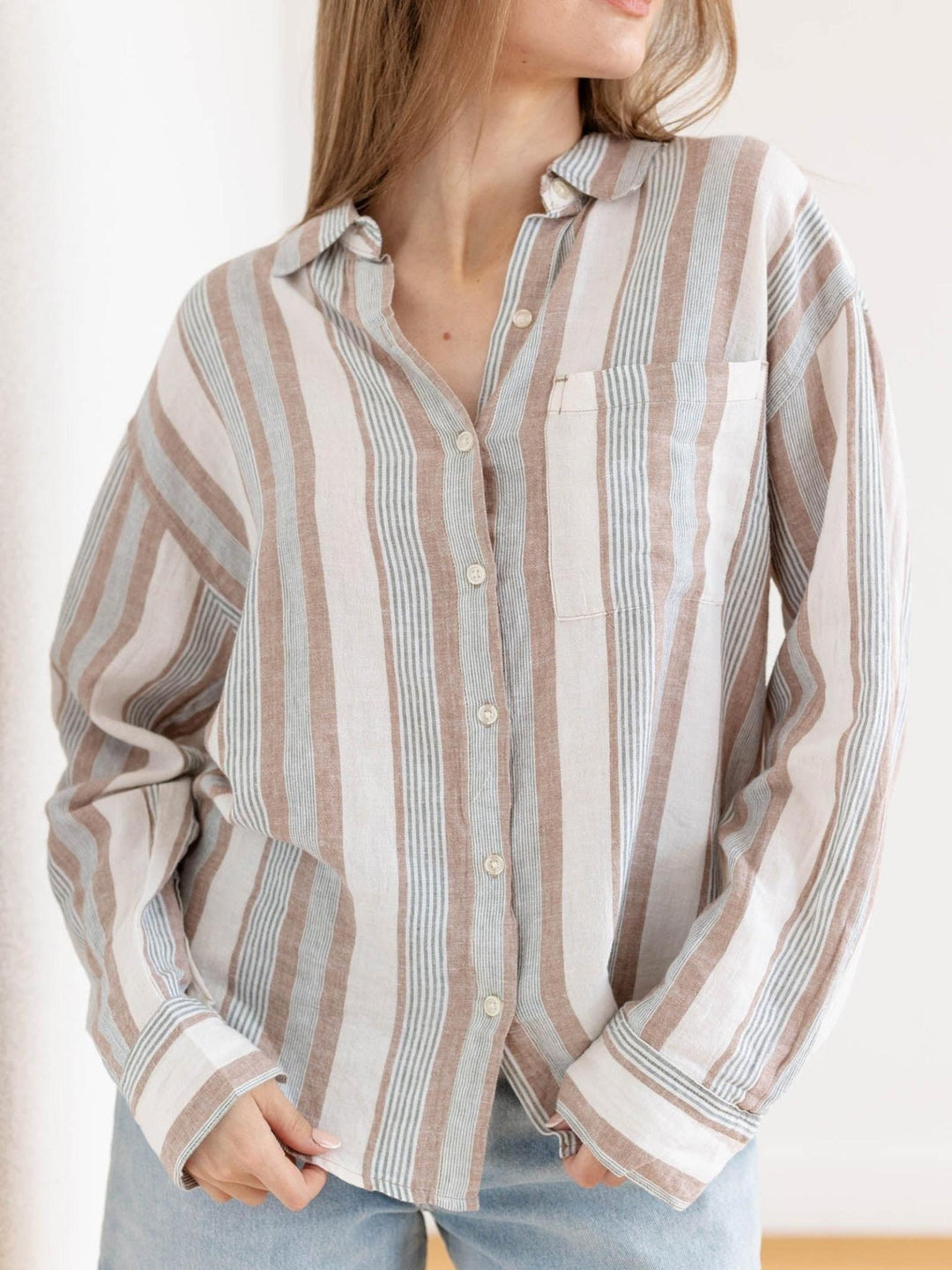 neutral washed stripe button down