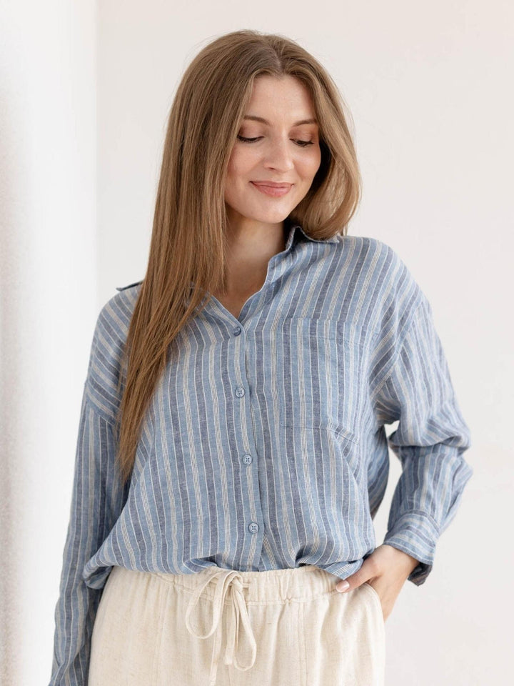 washed blue stripe button down top