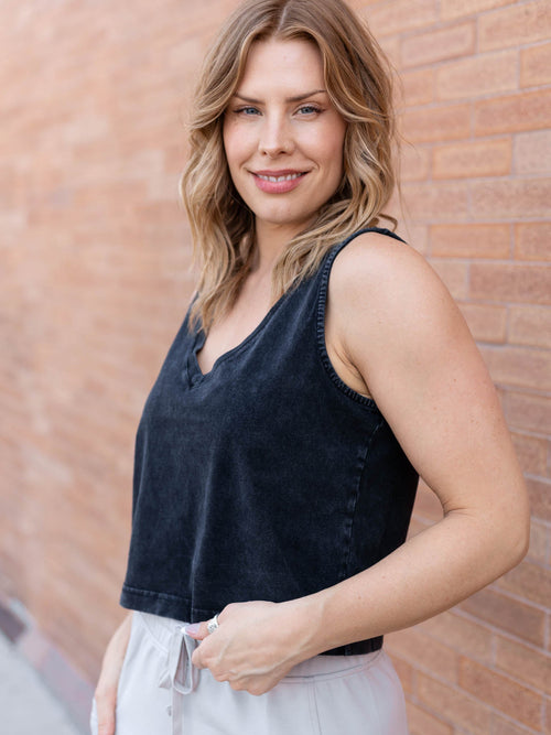 washed black v-neck tank