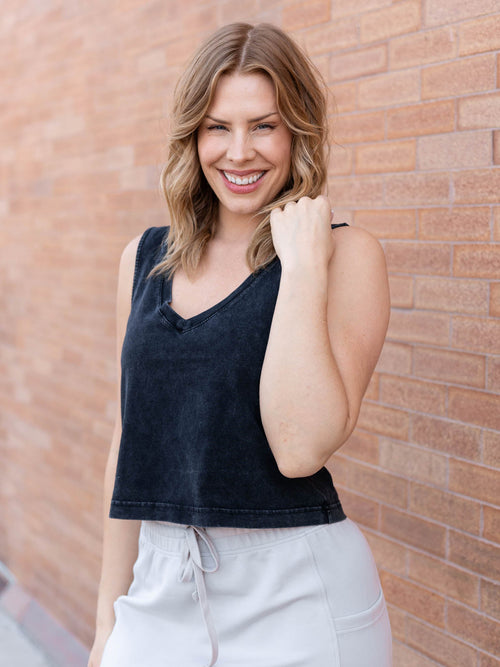washed black v-neck tank