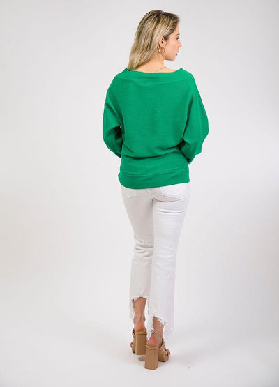 slouchy green off the shoulder sweater