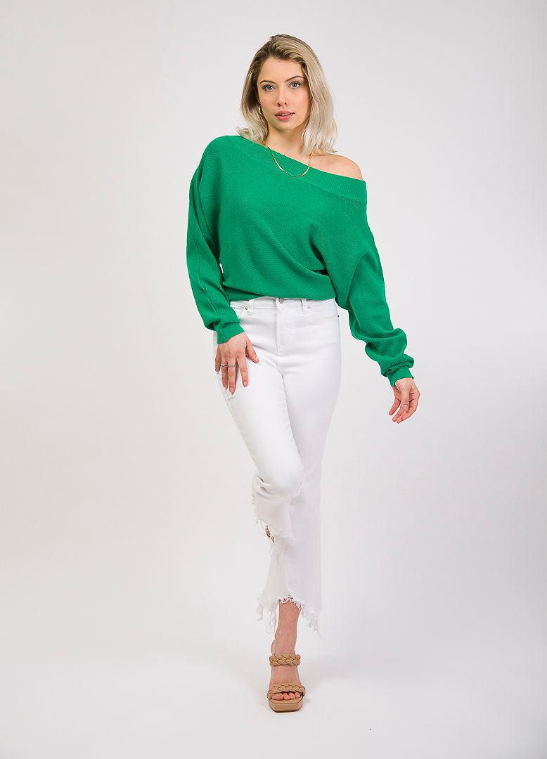 off the shoulder emerald green sweater