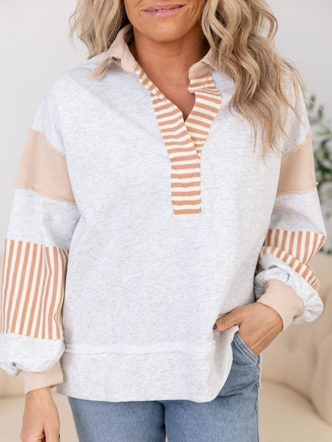 Collared Stripe Detail Oversized TopKnit tops