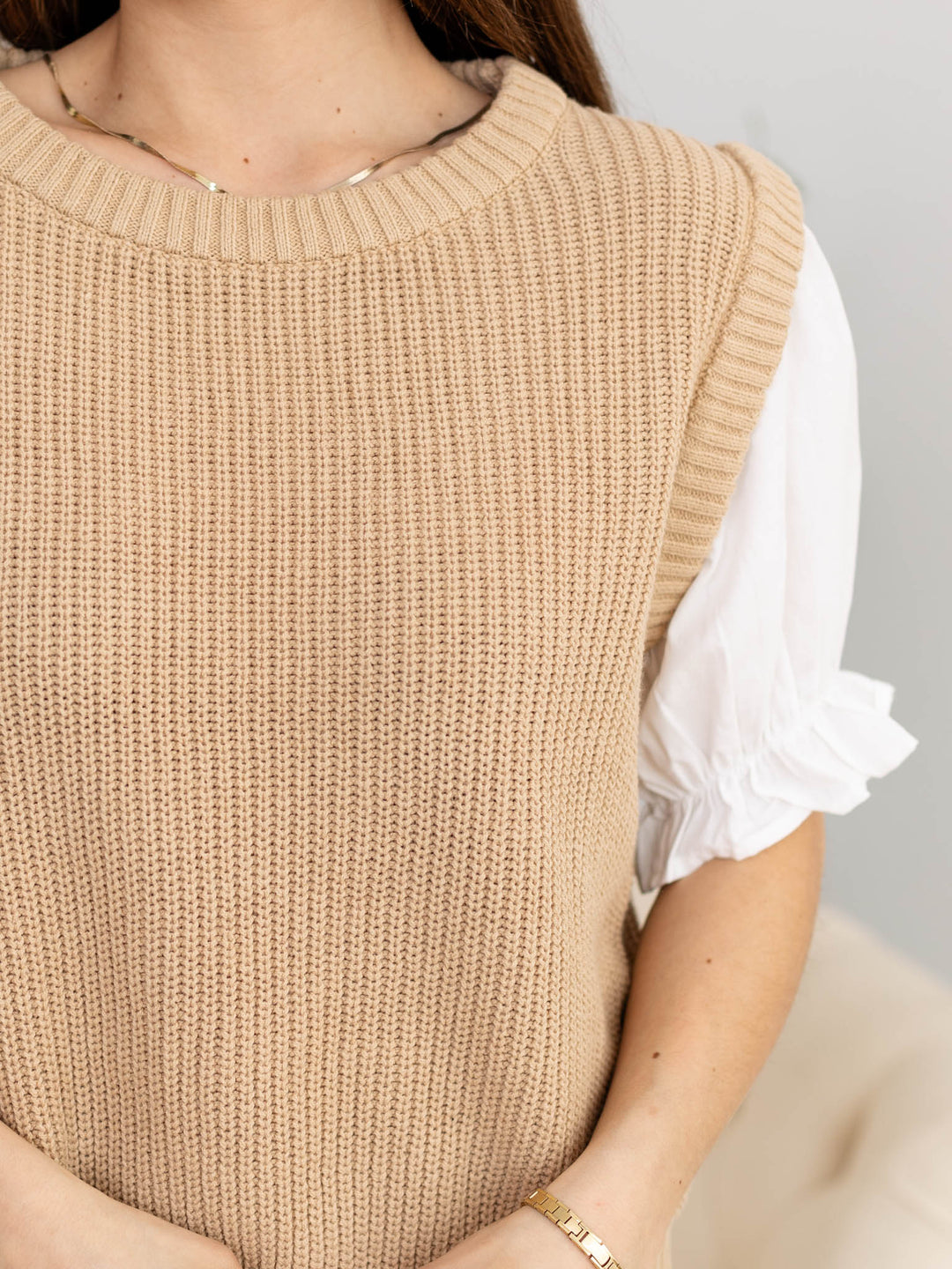 Combination Contrast Puff Sleeve Knit SweaterSweaters