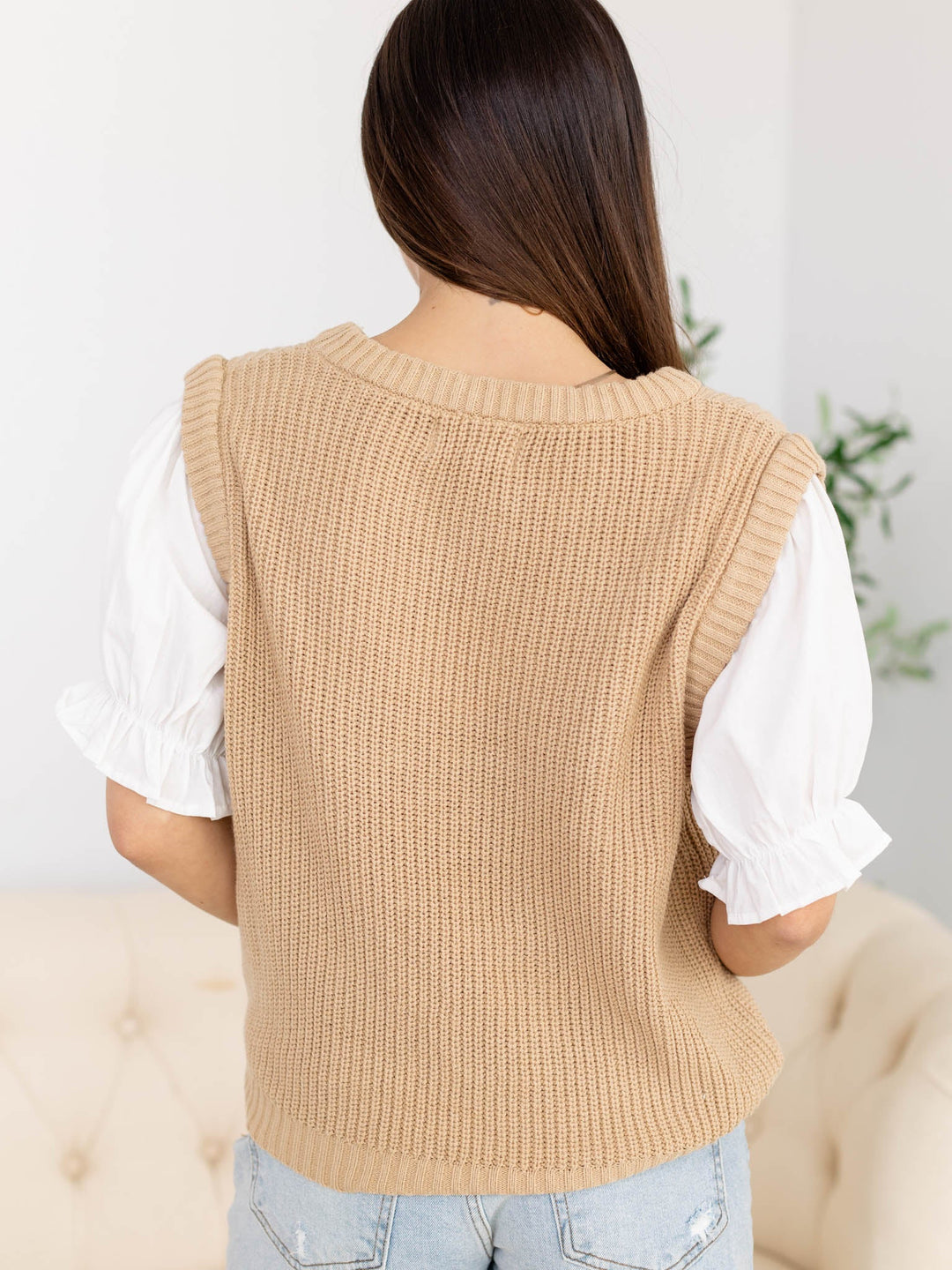 Combination Contrast Puff Sleeve Knit SweaterSweaters