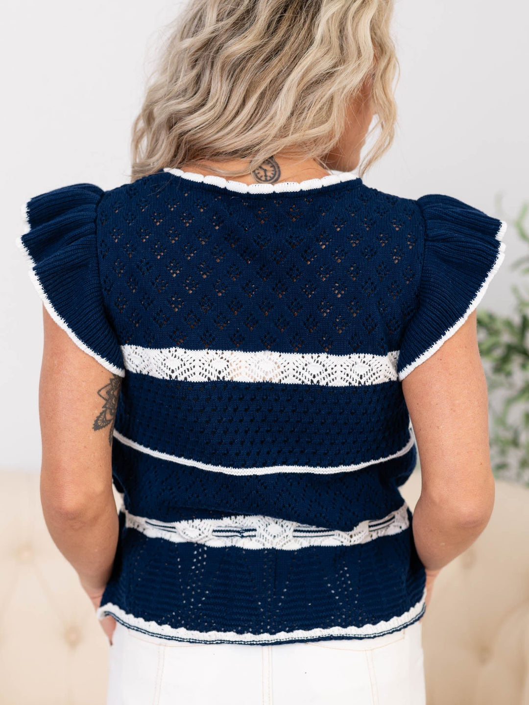 Crochet Tie Front Ruffle Sleeve TopKnit tops