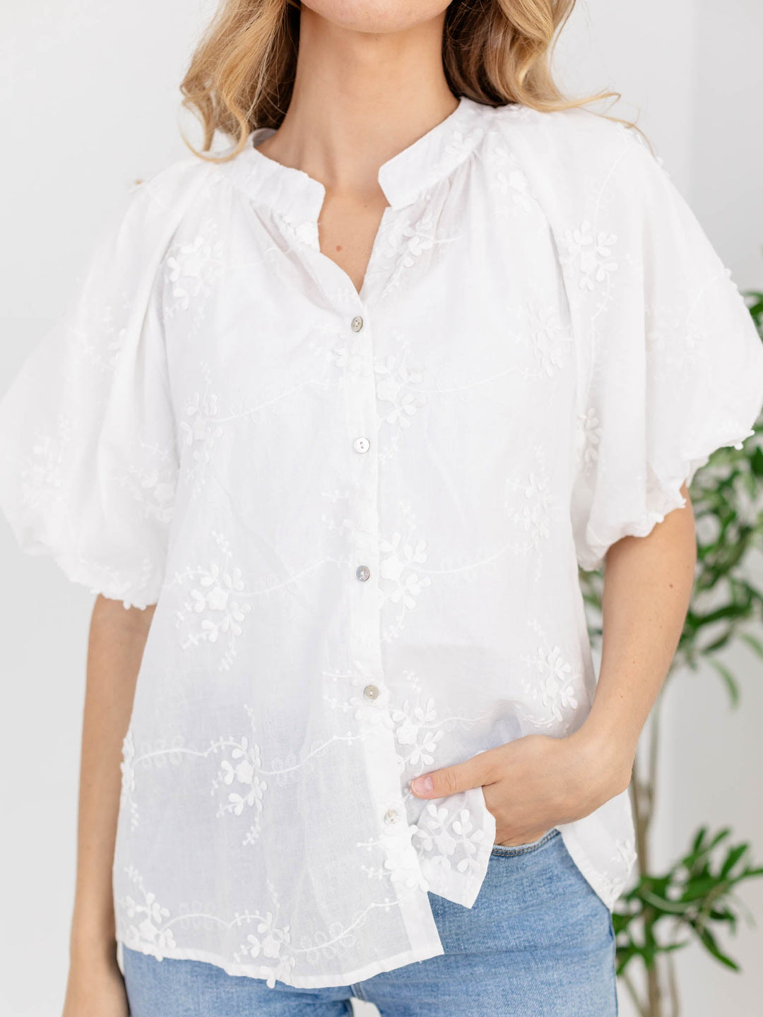 Embroidered Floral Button DownWoven tops