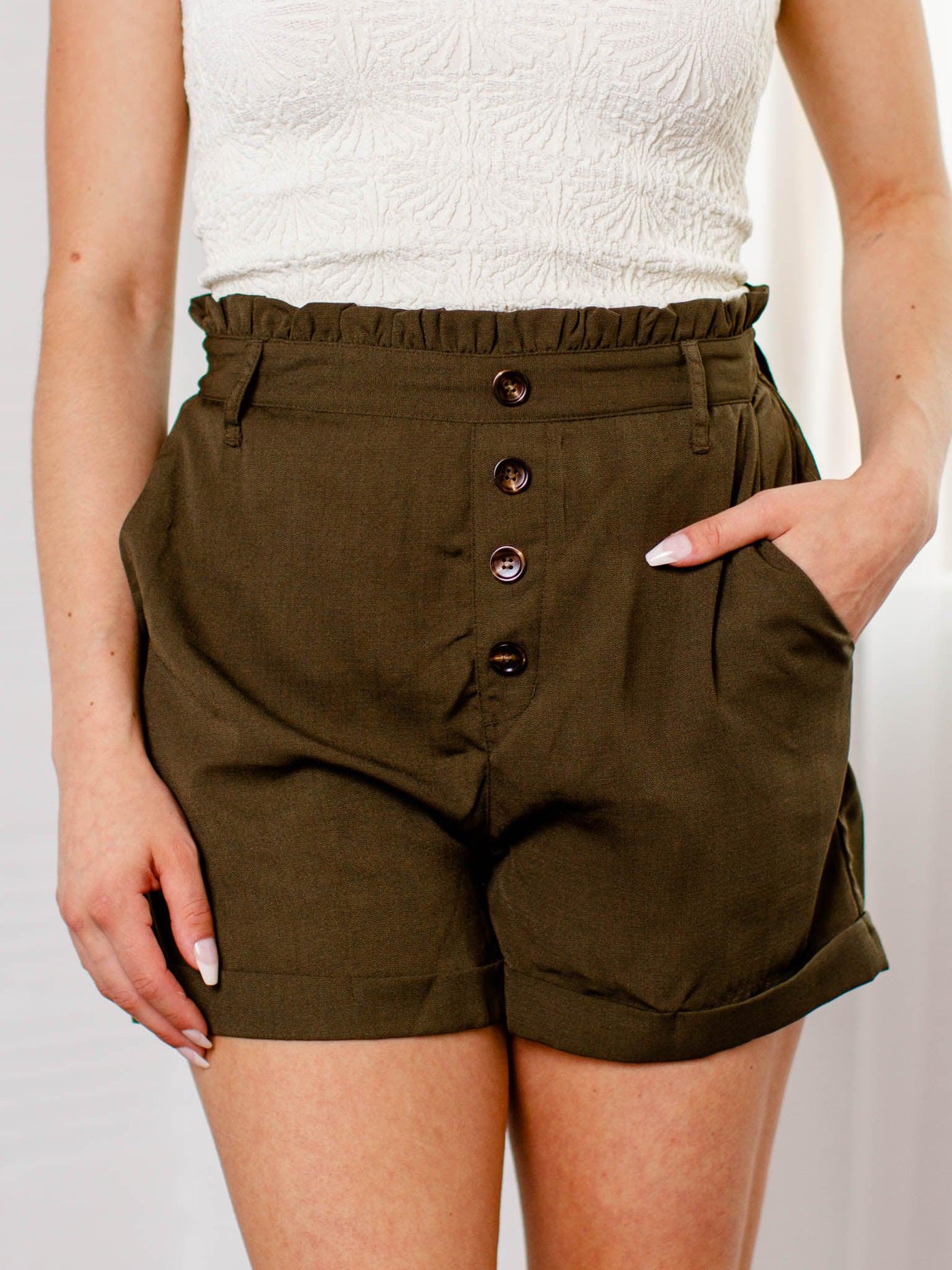 olive button up short