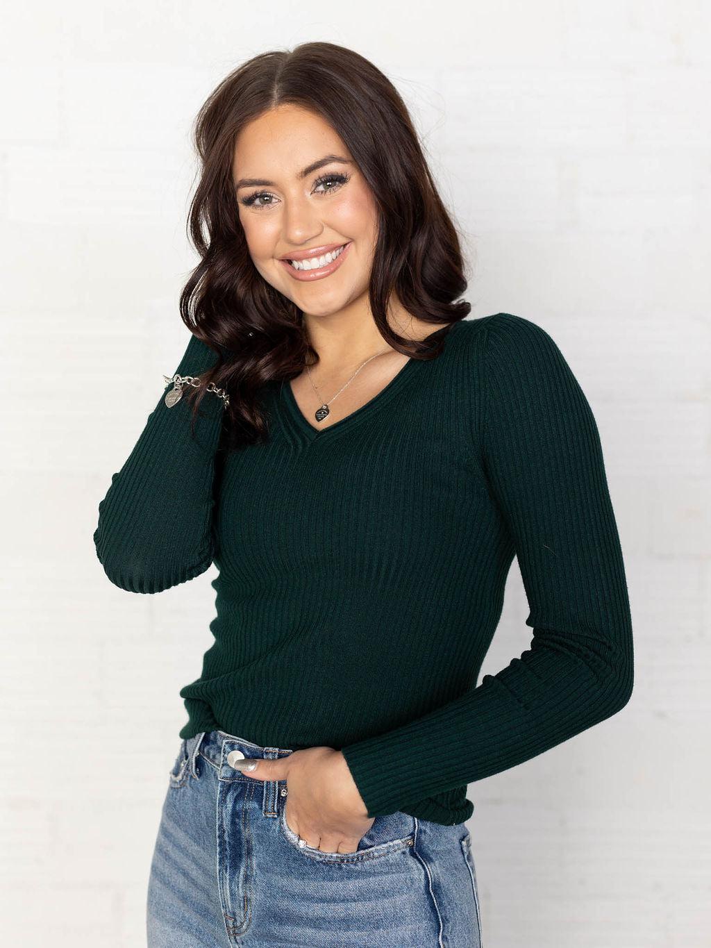 emerald forest green ribbed v neck sweater top