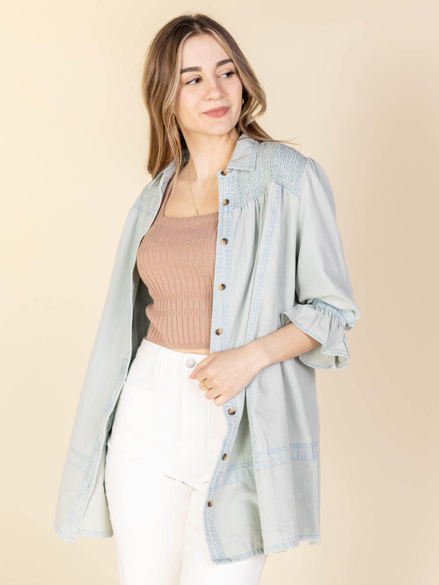 smocked cuff denim tunic