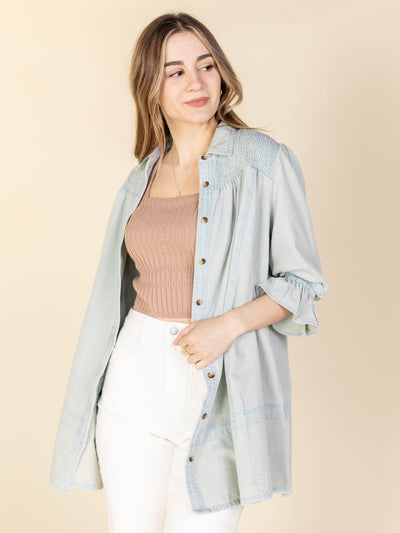 smocked cuff denim tunic