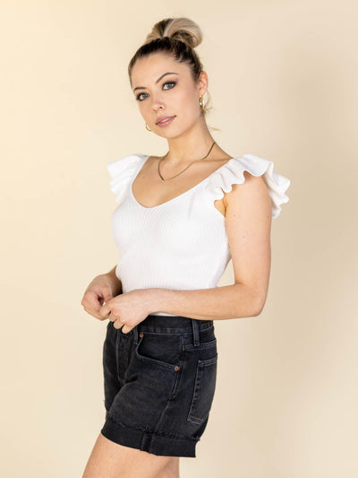 ruffle shoulder short ribbed tank