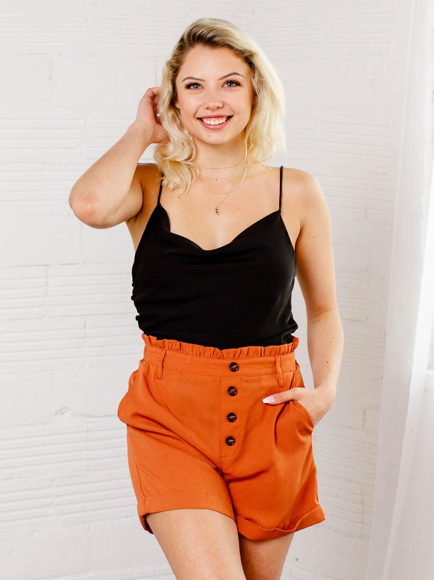button front orange shorts