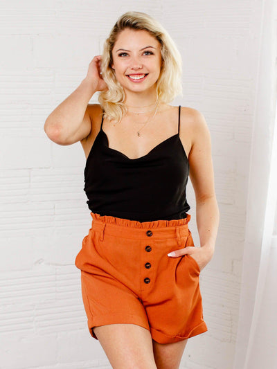 button front orange shorts