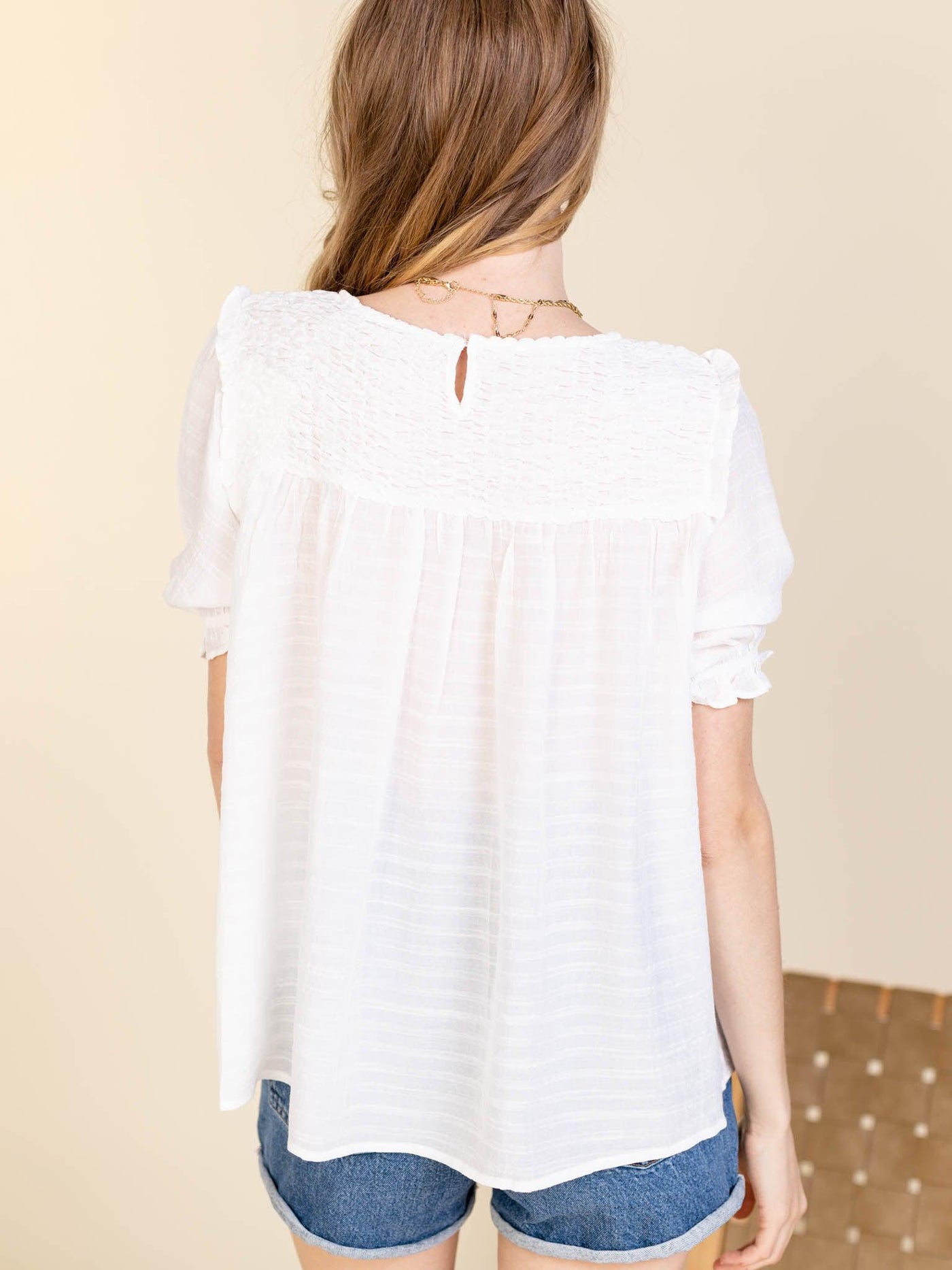 white smocked yoke top