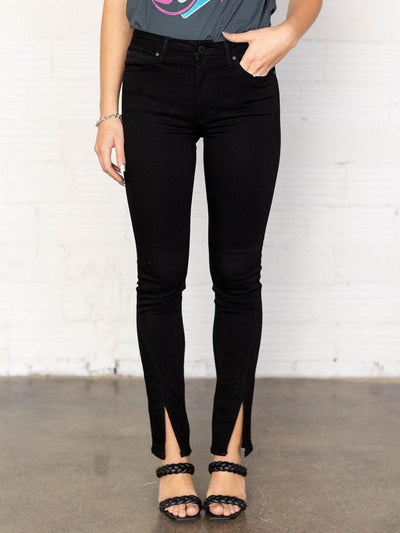 split front black straight leg jean