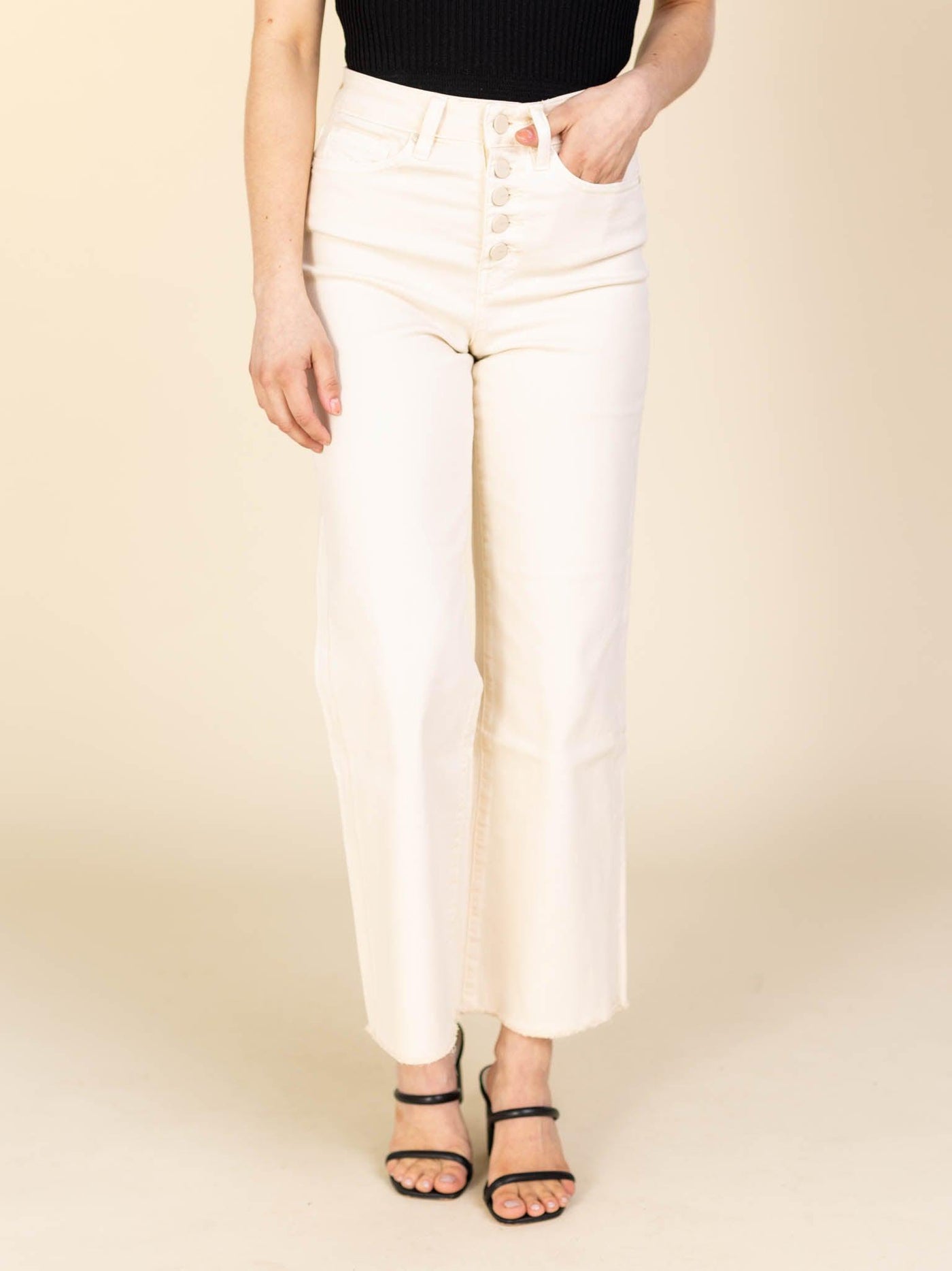 exposed fly raw hem denim