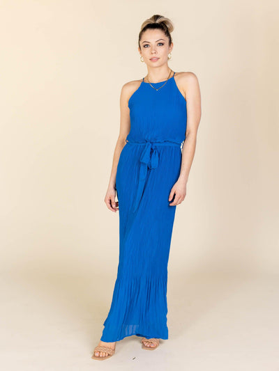 pleated blue dress