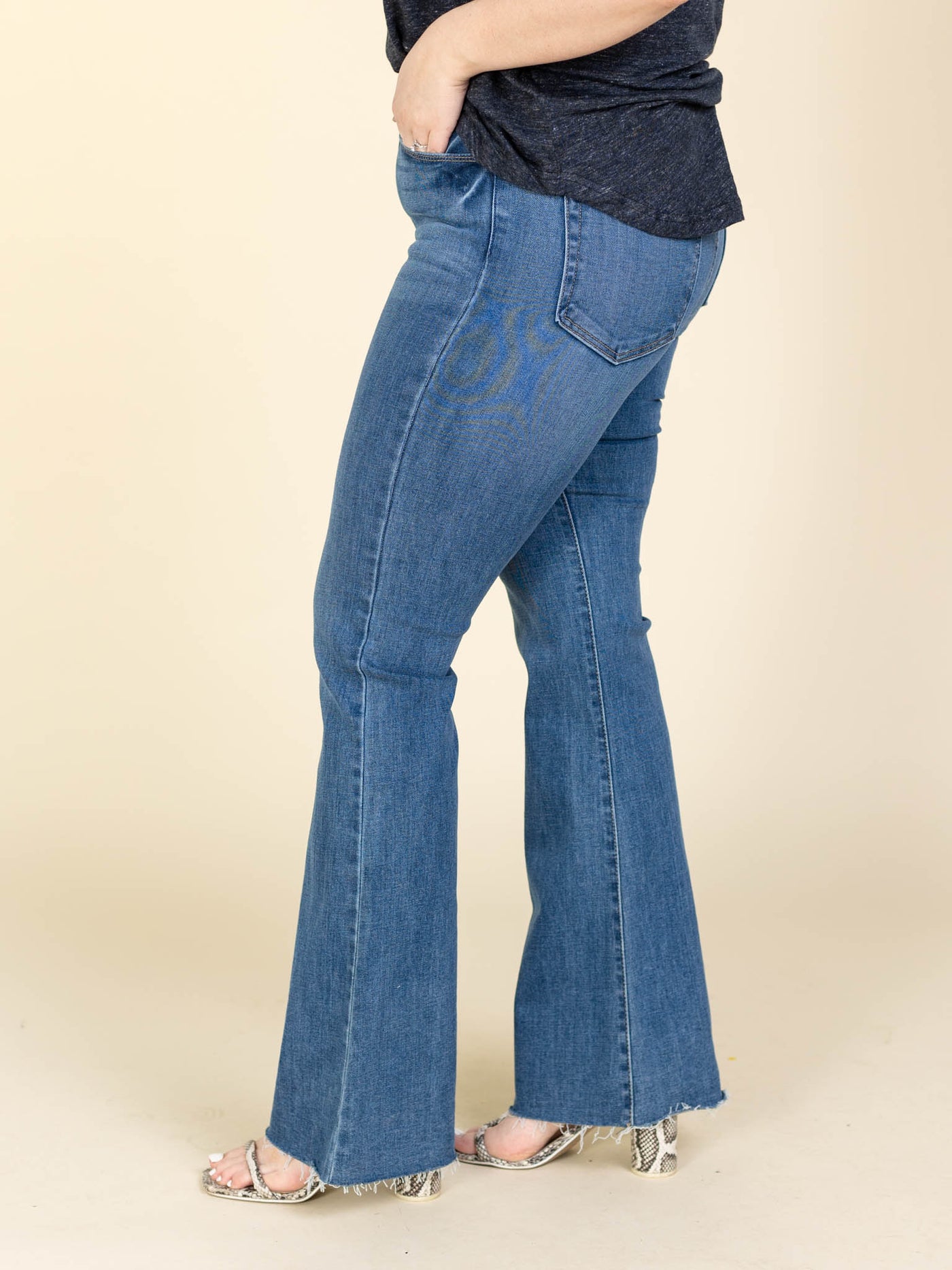 just black medium wash flare denim