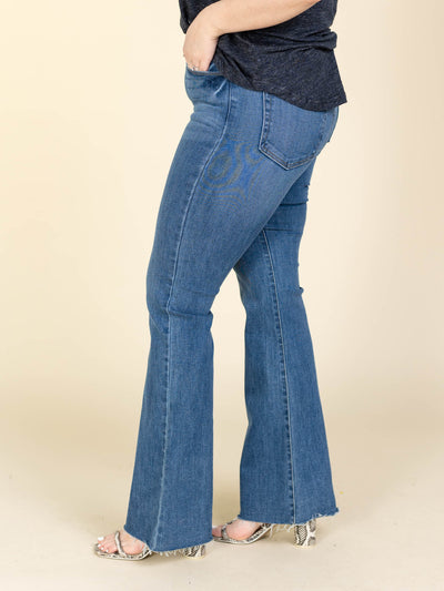 just black medium wash flare denim