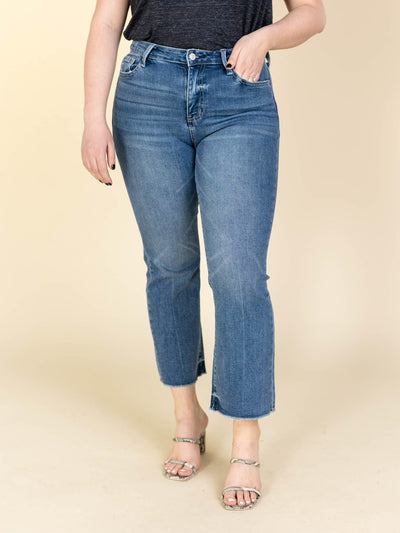 high rise distressed fray hem denim