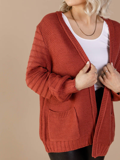 red knit cardigan