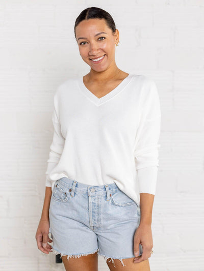 drop shoulder loose v neck white sweater