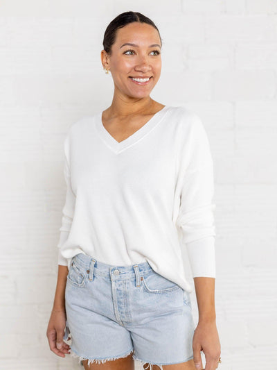 womens v neck white sweater