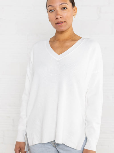 light knit white v neck sweater