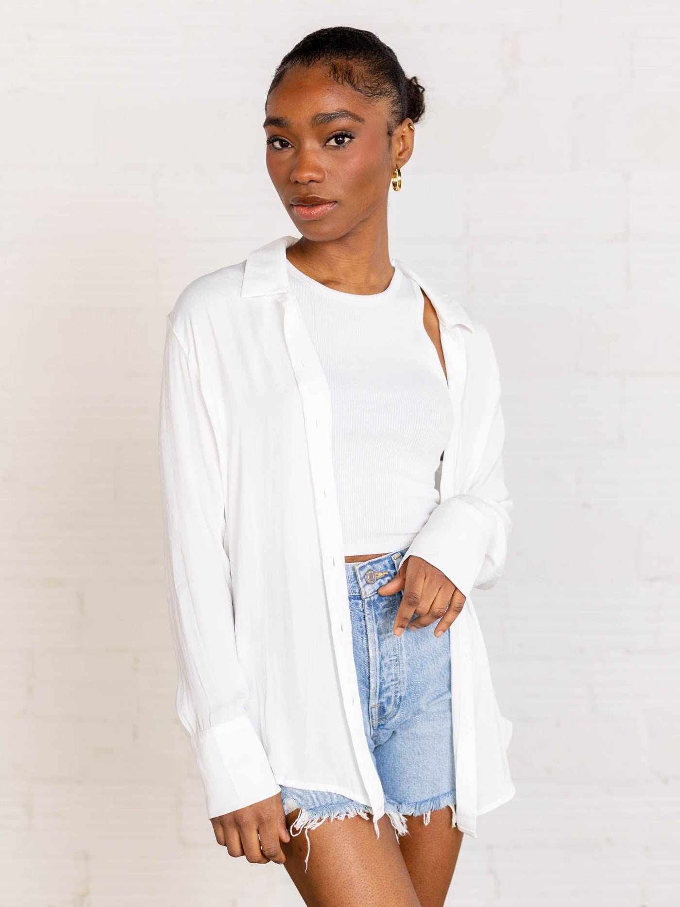 white button down silk mystree top